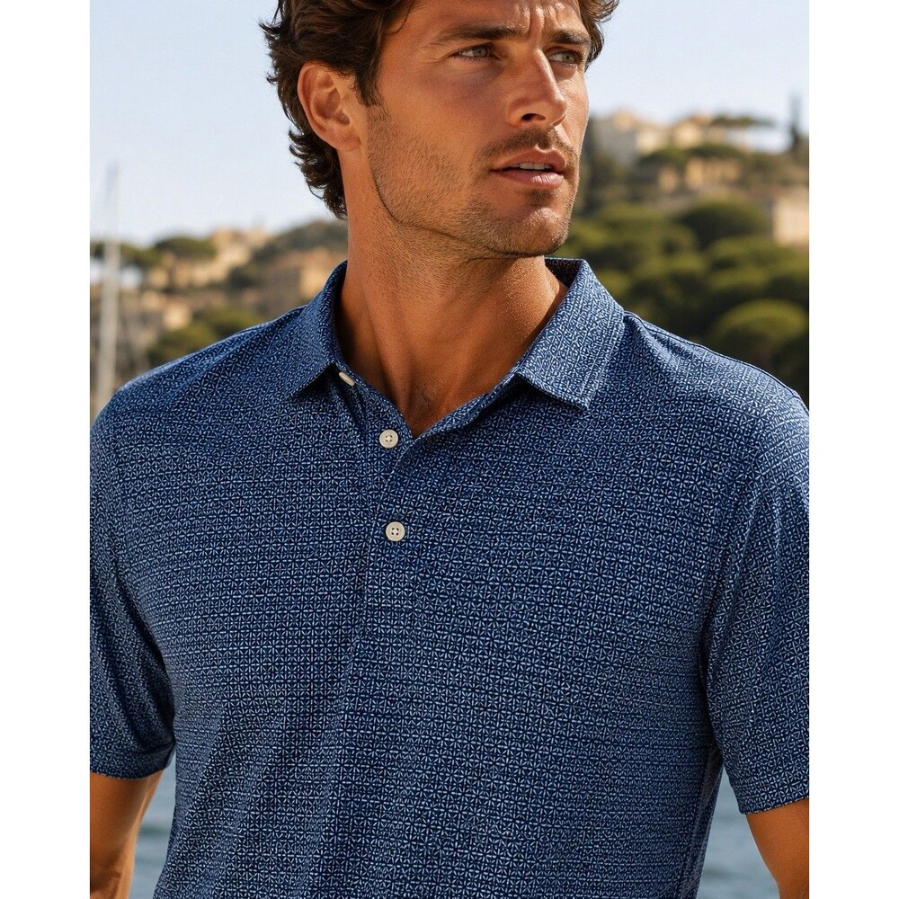 J Crew Polo Mens‎ L Blue Geometric Print Stretch Golf Performance Shirt CD925